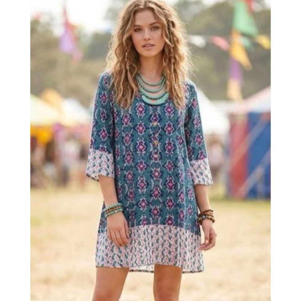 Everly Teal Aztec Geometric Tunic Dress Small Boho Festival Whimsical Retro